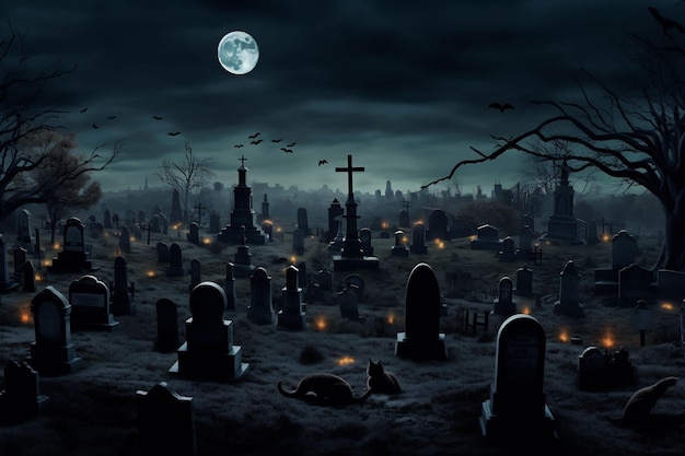 un cimetière effrayant avec une pleine lune en arrière-plan.