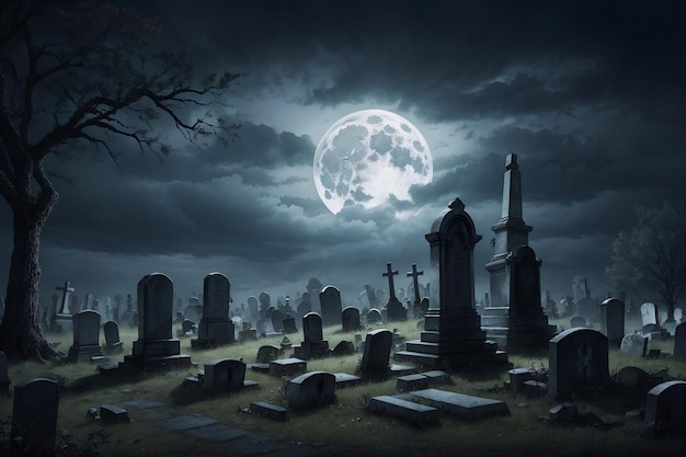 Un cimetière effrayant avec la pleine lune à minuit.