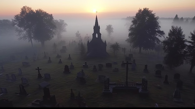 Le cimetière est recouvert d'une épaisse couverture de brouillard alors que le crépuscule descend, imprégnant le paysage d'une beauté troublante. Généré par l'IA