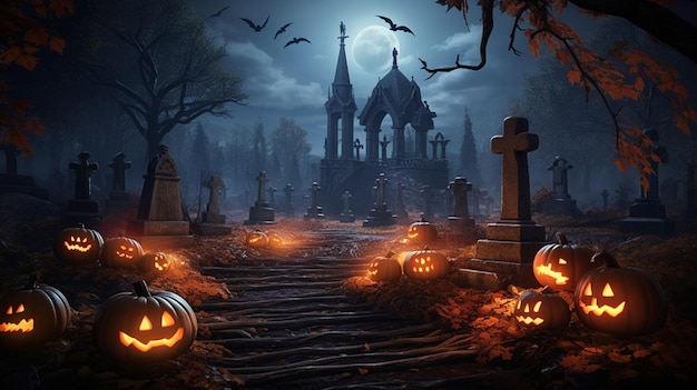 cimetière étrange à Halloween avec une image HD de jackolanterns lumineuses