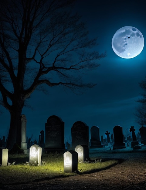 Un cimetière fantasmagorique illuminé par la pleine lune avec une silhouette fantomatique tapie dans l'ombre