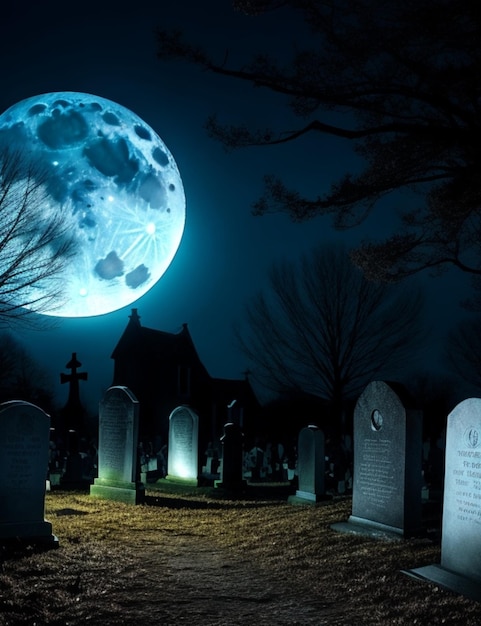 Un cimetière fantasmagorique illuminé par la pleine lune avec une silhouette fantomatique tapie dans l'ombre