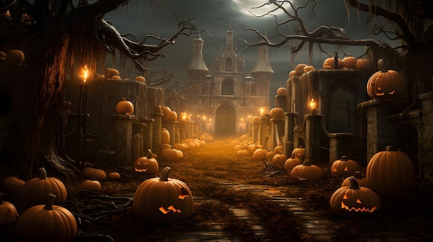 Cimetière d'Halloween avec des citrouilles générées par l'IA