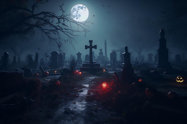 un cimetière d'Halloween effrayant avec une pleine lune en arrière-plan