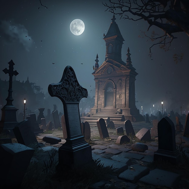 Un cimetière avec une horloge au sommet et la lune en arrière-plan.