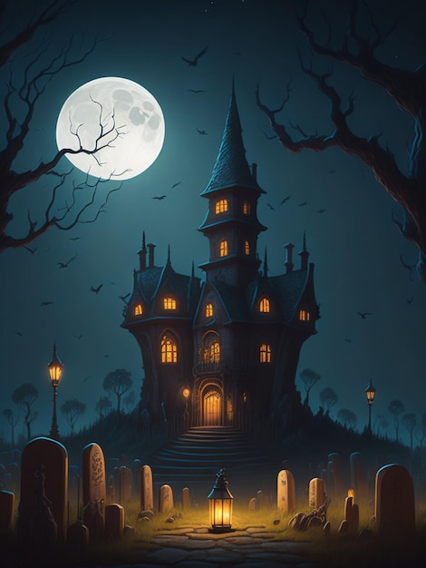cimetière mignon dessin animé mythique minuscule horreur abandonné château scène de nuit cinématographique sombre couleur lumière
