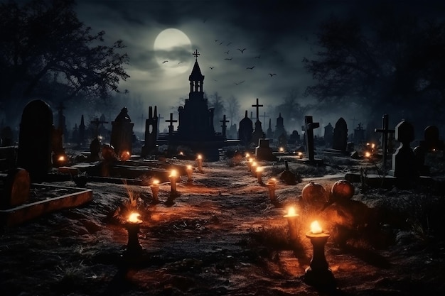 Photo cimetière la nuit avec des arbres de lune et des bougies autour d'halloween