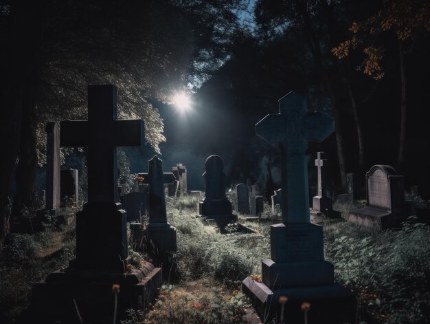 Un cimetière la nuit avec une pleine lune dans le ciel image ai générative