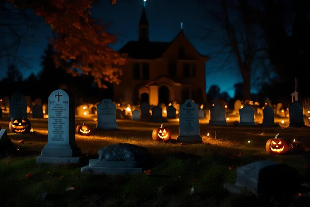 Un cimetière avec une pierre tombale et des citrouilles.