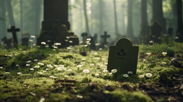 un cimetière avec des pierres tombales au milieu de la forêt