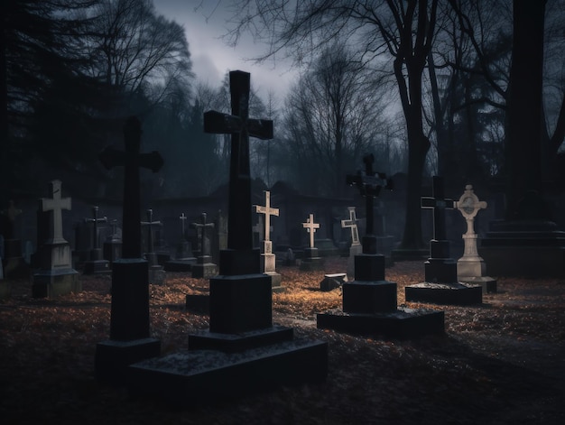 Un cimetière avec des pierres tombales et des croix dans le noir Image générative d'IA