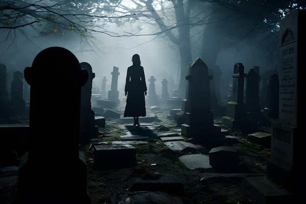 un cimetière avec des pierres tombales et des ombres effrayantes