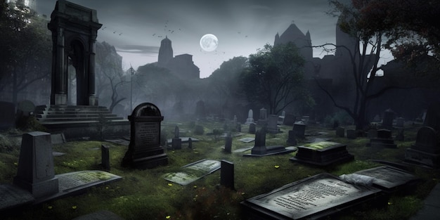 Un cimetière avec une pleine lune en arrière-plan