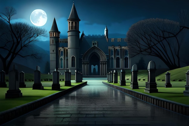 Un cimetière avec une pleine lune en arrière-plan.