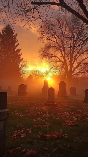 Photo un cimetière rempli de brouillard au crépuscule