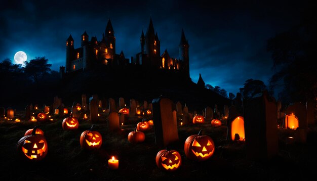 Le cimetière sinistre du château d'Halloween la nuit