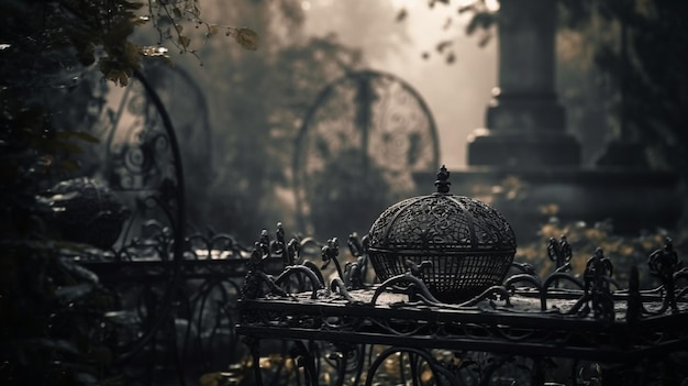 Un cimetière sombre, sombre, sombre, avec une cage à oiseaux sur la clôture.