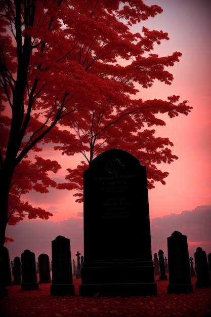 Cimetière avec des tombes et des arbres rouges