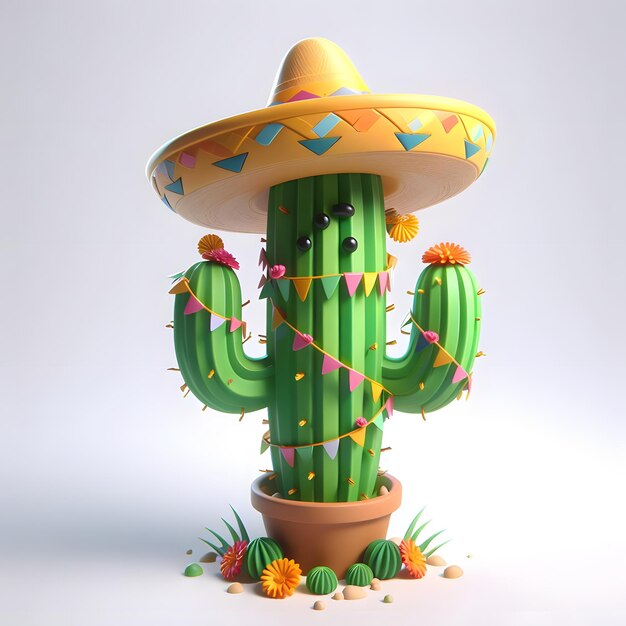 Cinco De Mayo Cactus 3D Render Cute illustration de dessin animé à fond blanc isolé