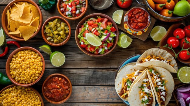 Photo un cinco de mayo coloré avec des tacos salsa et des accompagnements variés