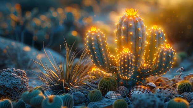 Cinéma de cactus du désert été buissons en désordre Danxia forme de terrain arrière-plan coucher de soleil rétro lumière couleur rétro