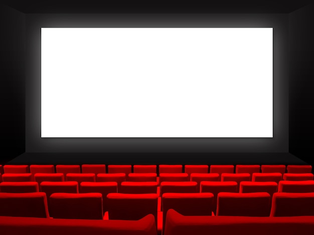 Cinéma cinéma avec sièges en velours rouge et écran blanc vierge.