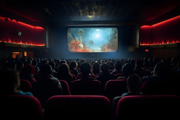 Le cinéma du futur plein de gens qui attendent le dernier film de la nuit.