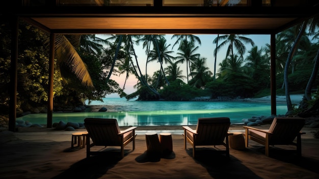 Cinéma exclusif sur une île privée avec des palmiers se balançant et une vue sur l'eau claire