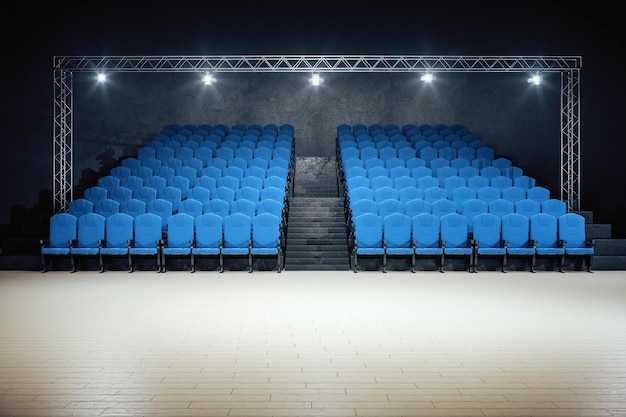Cinéma minimaliste avec chaises bleues