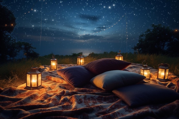 Cinéma en plein air avec couvertures et oreillers sous un ciel étoilé d'été