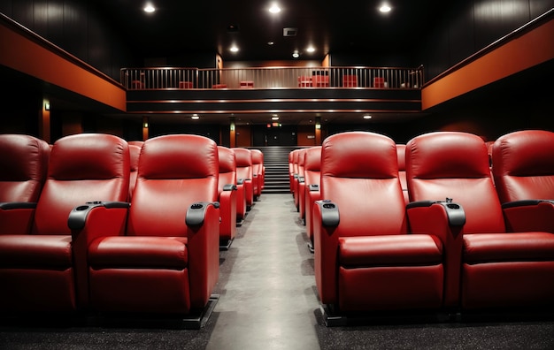 un cinéma avec des sièges rouges et un balcon avec un balcon au-dessus