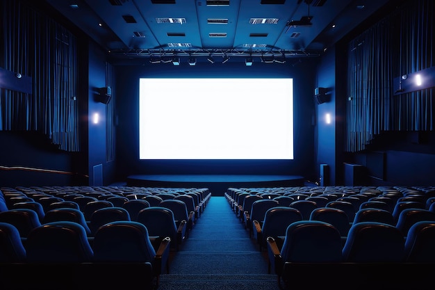 Un cinéma vide en bleu avec un écran blanc.