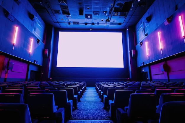 Un cinéma vide en bleu avec un écran blanc.