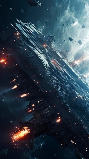 Cinématographique encore intense bataille spatiale entre deux énormes cuirassés ciel étoilé nébuleuses galaxies HDR futuristes destroyer de cuirassés spatiaux voyageant à travers un champ d'astéroïdes générer ai