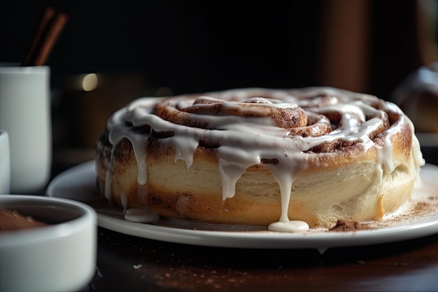 Cinnabun avec une fine couche de glaçage et un saupoudrage de cannelle sur le dessus