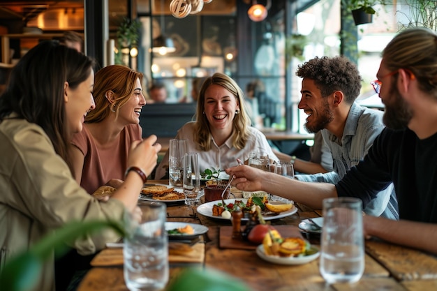 Cinq amis s'amusant lors d'un repas du matin