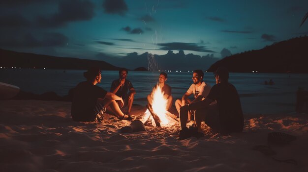 Cinq amis sont assis autour d'un feu de joie sur la plage la nuit le feu craque et les vagues s'écrasent en arrière-plan