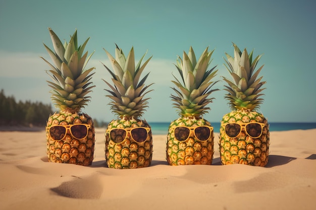 Cinq ananas avec des lunettes de soleil sur la plage