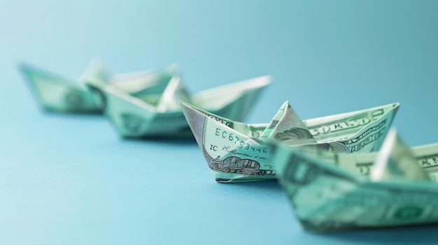 cinq billets de dollar sont alignés sur une table bleue