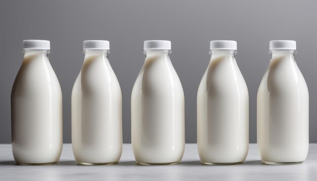 Cinq bouteilles de lait rangées sur une table.