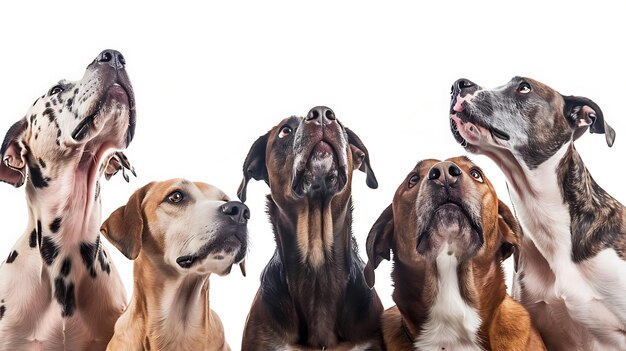 Cinq chiens de races différentes regardent quelque chose en dehors de la caméra.