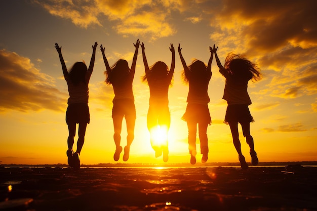 Cinq filles sautent ensemble avec leurs mains en l'air Des amis aiment passer du temps au coucher du soleil Generative AI