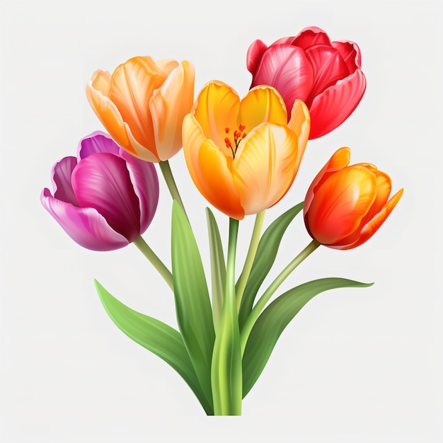 Cinq fleurs de tulipes multicolores