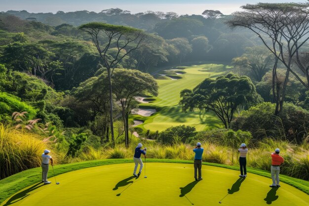 Photo cinq golfeurs s'affrontent sur un terrain de golf avec une jungle en arrière-plan