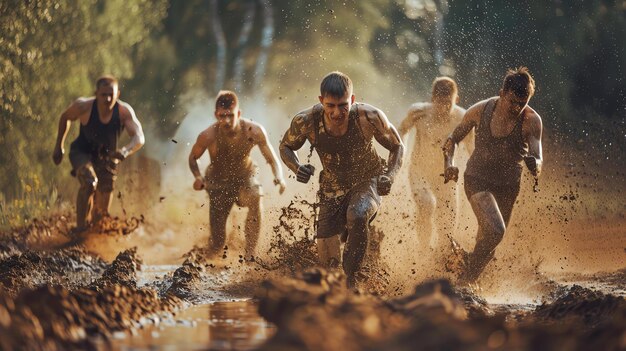 Photo cinq hommes couverts de boue en compétition dans une course d'obstacles