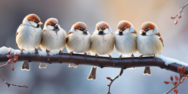 cinq petits oiseaux drôles de moineaux assis sur une branche dans le jardin d'hiver courbés