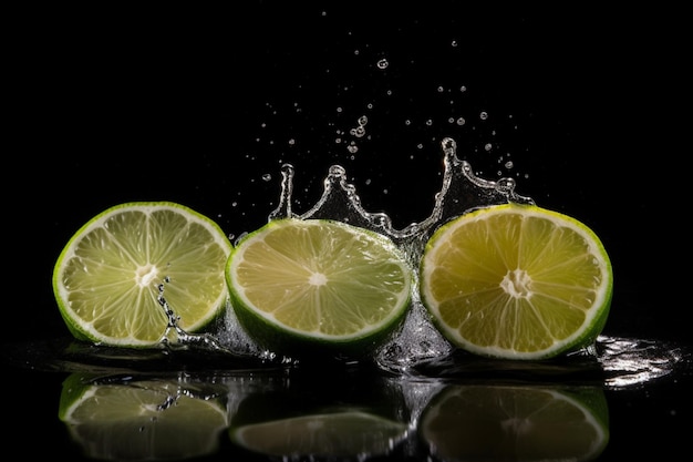 Cinq tranches de citron vert Splash de gouttes d'eau sur fond noir