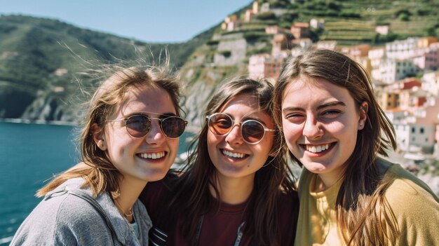 À Cinque Terre, l'IA générative montre des jeunes femmes souriantes par une belle journée avec un ciel bleu