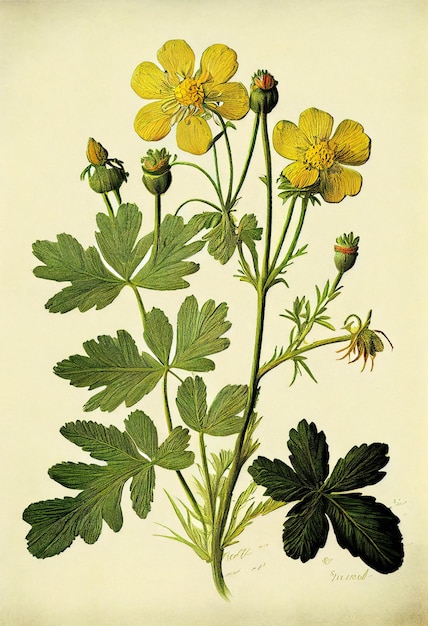 Cinquefoil, illustration de plantes à base de plantes, dessin de plantes, aquarelle, conception de plantes