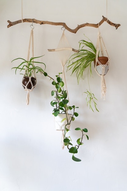 Photo cintre décoratif en macramé avec du fil de coton décorant l'intérieur de la maison aux murs blancs